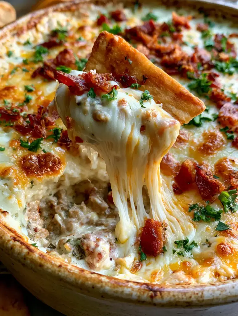 Sausage Dip with Melty Cheddar, Mozzarella, and Crispy Bacon 1 A stringy cheese pull from a hot sausage dip using a toasted pita chip.