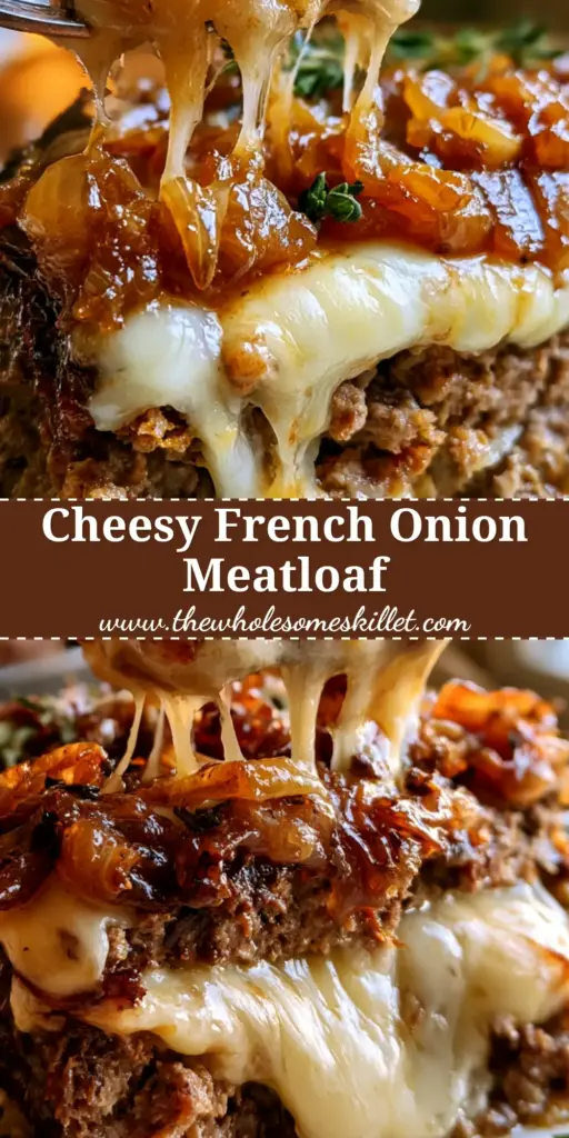 A hearty slice of french onion meatloaf topped with golden caramelized onions and melted Gruyere cheese on a ceramic plate.