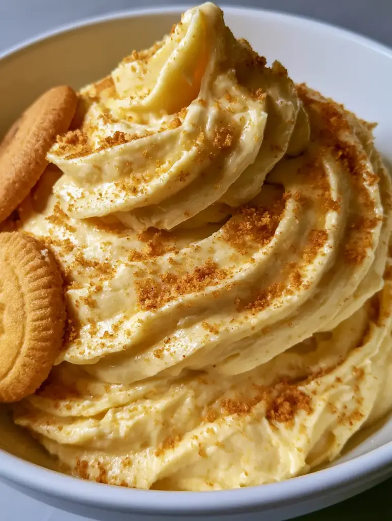 Banana Pudding Buttercream: The Silkiest Magnolia-Inspired Frosting 2 Extreme close-up of glossy banana pudding buttercream showing velvety ridges and golden cookie crumbs.
