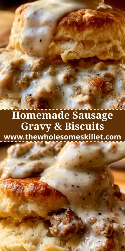 A close-up shot of golden-brown biscuits smothered in thick creamy sausage gravy with black pepper flecks. (sausage gravy biscuits)