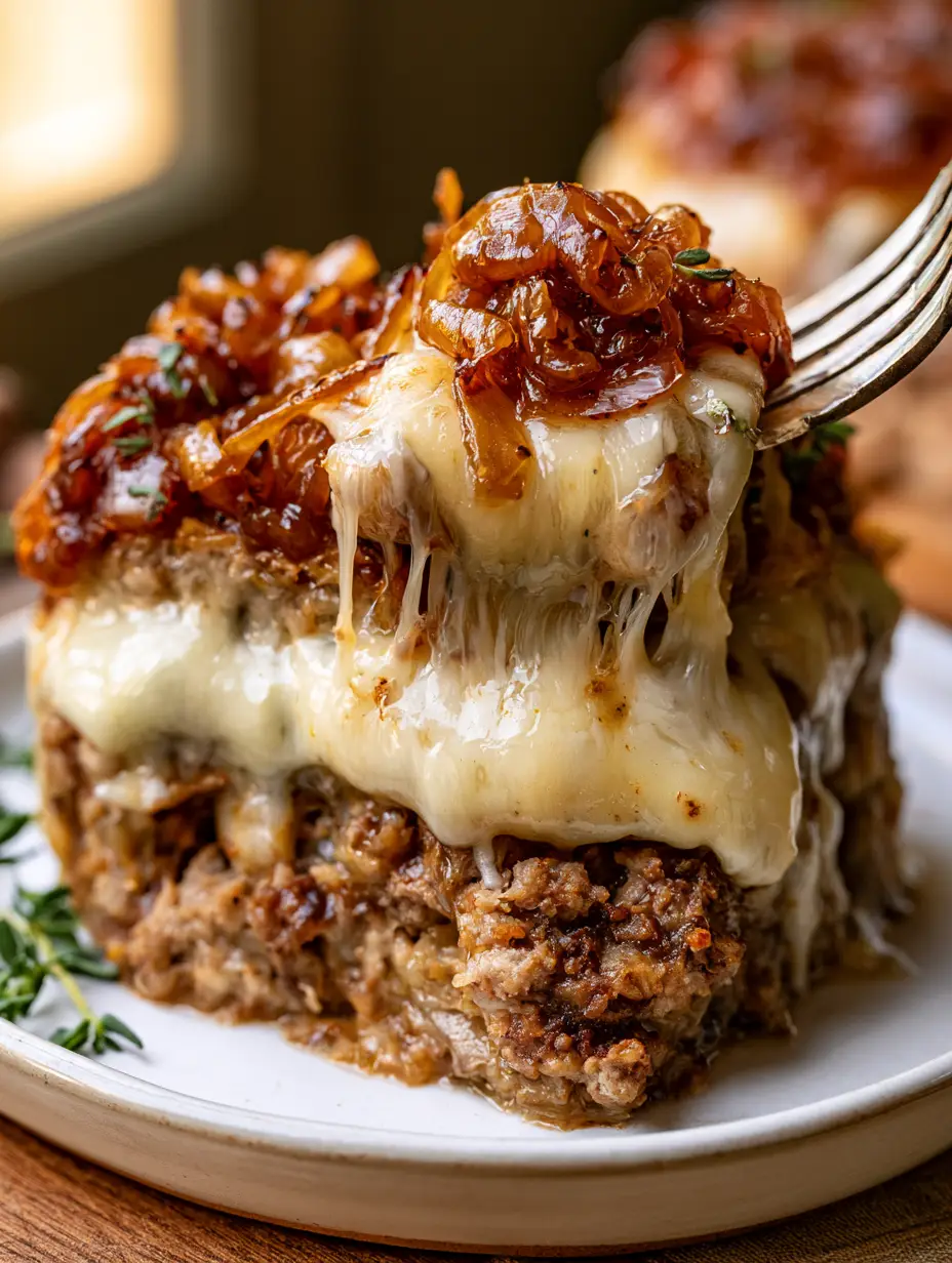 Close-up of a meatloaf slice showing the cheese pull and glossy caramelized onion topping. (french onion meatloaf)