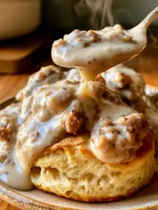 Handheld photo showing a split biscuit with airy layers and rich sausage gravy. (sausage gravy biscuits)
