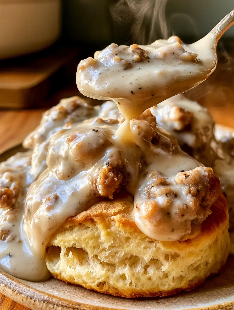 Handheld photo showing a split biscuit with airy layers and rich sausage gravy. (sausage gravy biscuits)