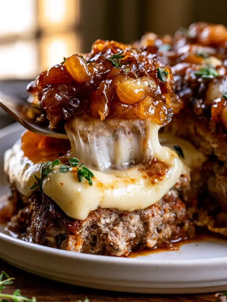 Juicy french onion meatloaf garnished with fresh thyme on a white ceramic plate.
