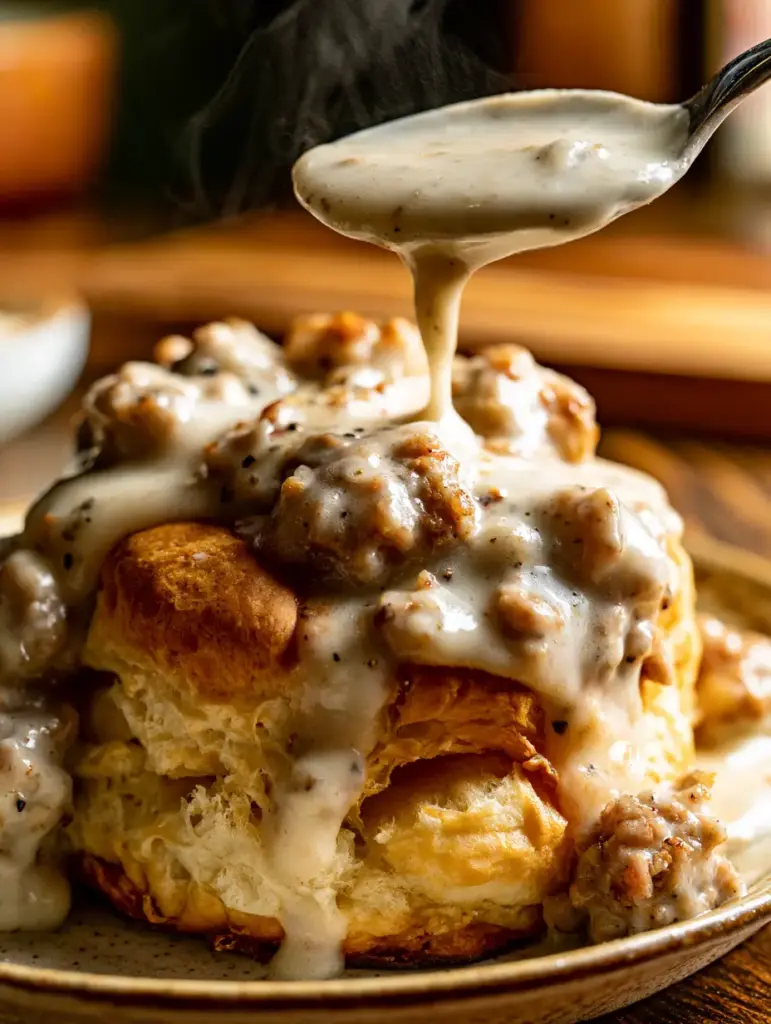 Steam rising from a plate of golden-brown biscuits and white sausage gravy. (sausage gravy biscuits)