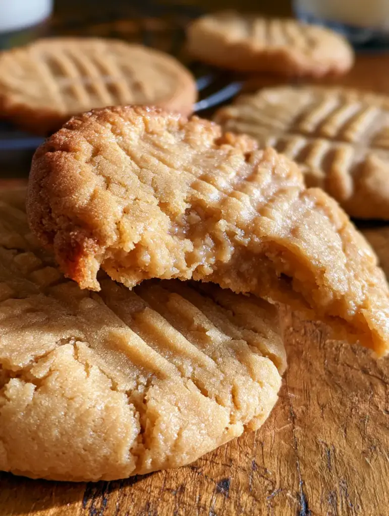 Peanut Butter Cookies: The Ultimate Chewy and Soft Fork-Pressed Recipe 2 Close-up of a broken peanut butter cookie showing a soft, chewy interior and golden brown edges.
