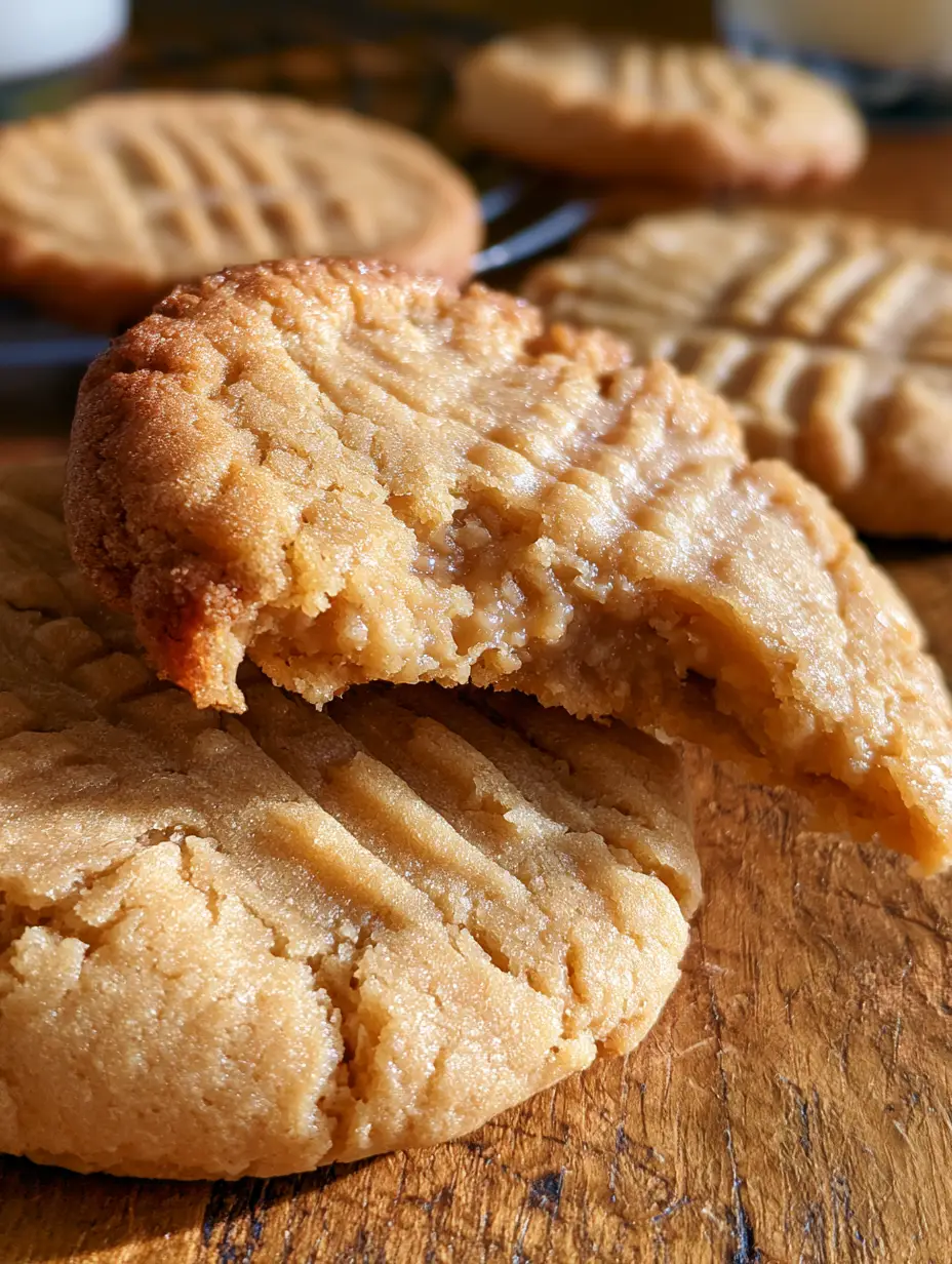 Peanut Butter Cookies: The Ultimate Chewy and Soft Fork-Pressed Recipe 4 Close-up of a broken peanut butter cookie showing a soft, chewy interior and golden brown edges.