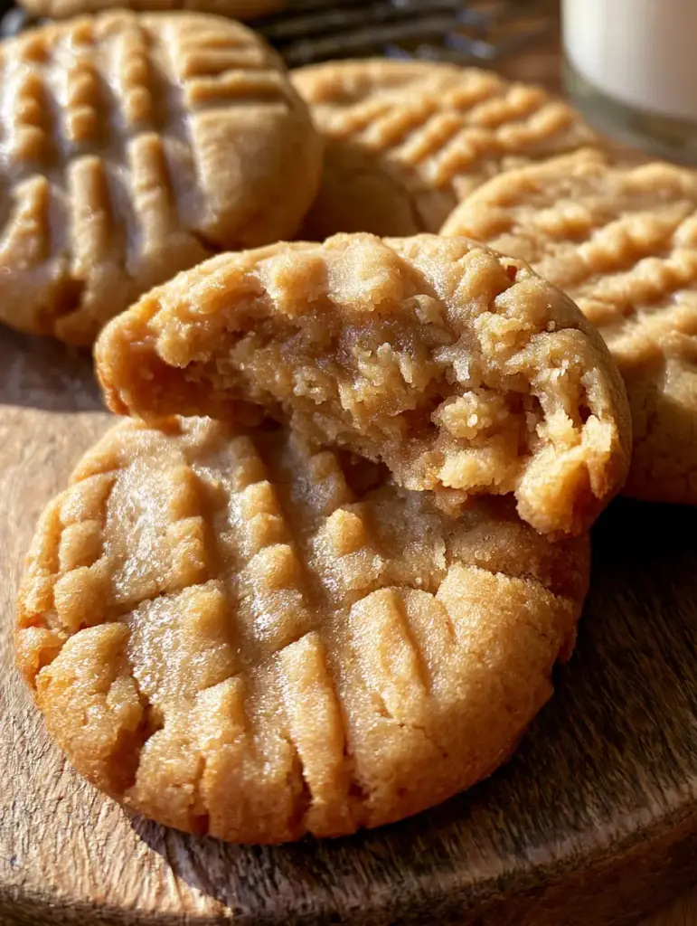 Peanut Butter Cookies: The Ultimate Chewy and Soft Fork-Pressed Recipe 1 Multiple peanut butter cookies with a sharp crisscross pattern next to a glass of milk with condensation.