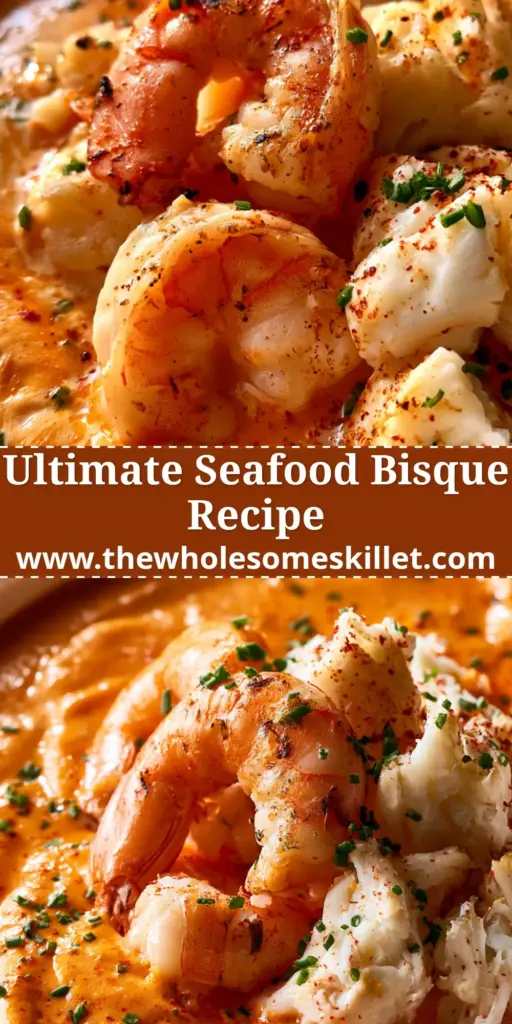 An overhead shot of a vibrant orange crab shrimp bisque in a rustic white bowl, garnished with charred pink shrimp and fresh chives.