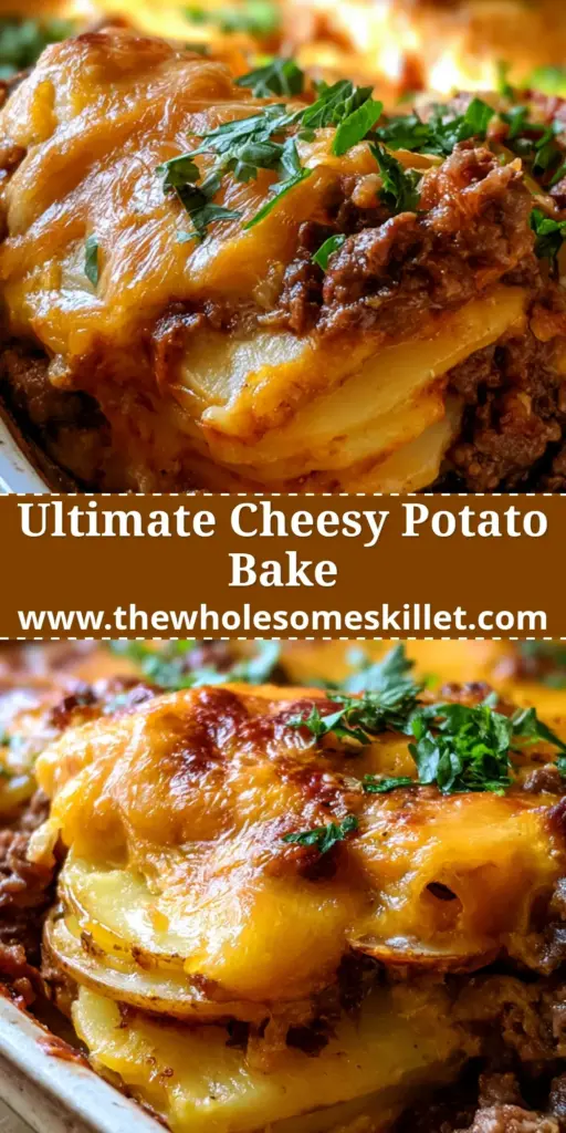A close-up of a serving of beef potato bake showing layers of yellow potatoes, ground beef, and golden melted cheddar cheese with parsley garnish.
