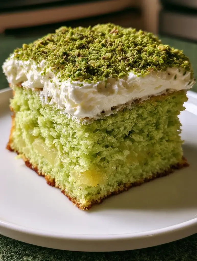 Pistachio Pineapple Sheet Cake with Fluffy Whipped Cream Frosting 2 Close up photo of pistachio pineapple sheet cake showing the airy white whipped cream and emerald green pistachio topping.