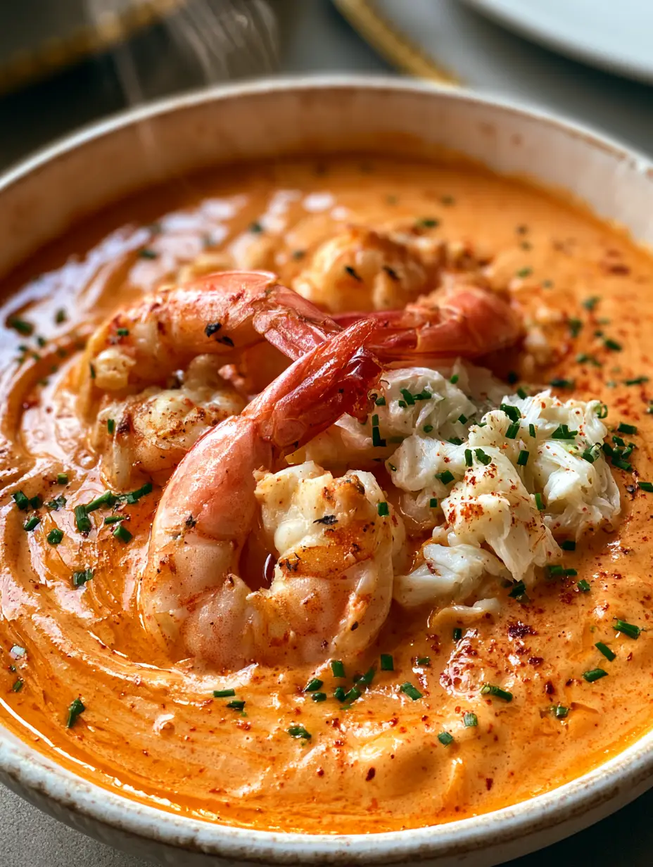 Close-up of steaming crab shrimp bisque with generous white crab meat and pink charred shrimp in a white ceramic bowl.
