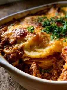 Piping hot beef potato bake in a rustic white ceramic dish with a wisp of steam and fresh parsley.