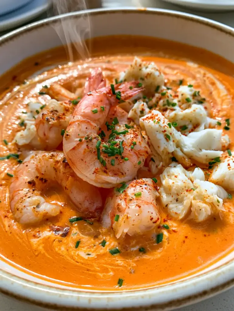 Detailed shot of the velvety broth of the crab shrimp bisque, highlighting the glistening texture and cayenne pepper garnish.