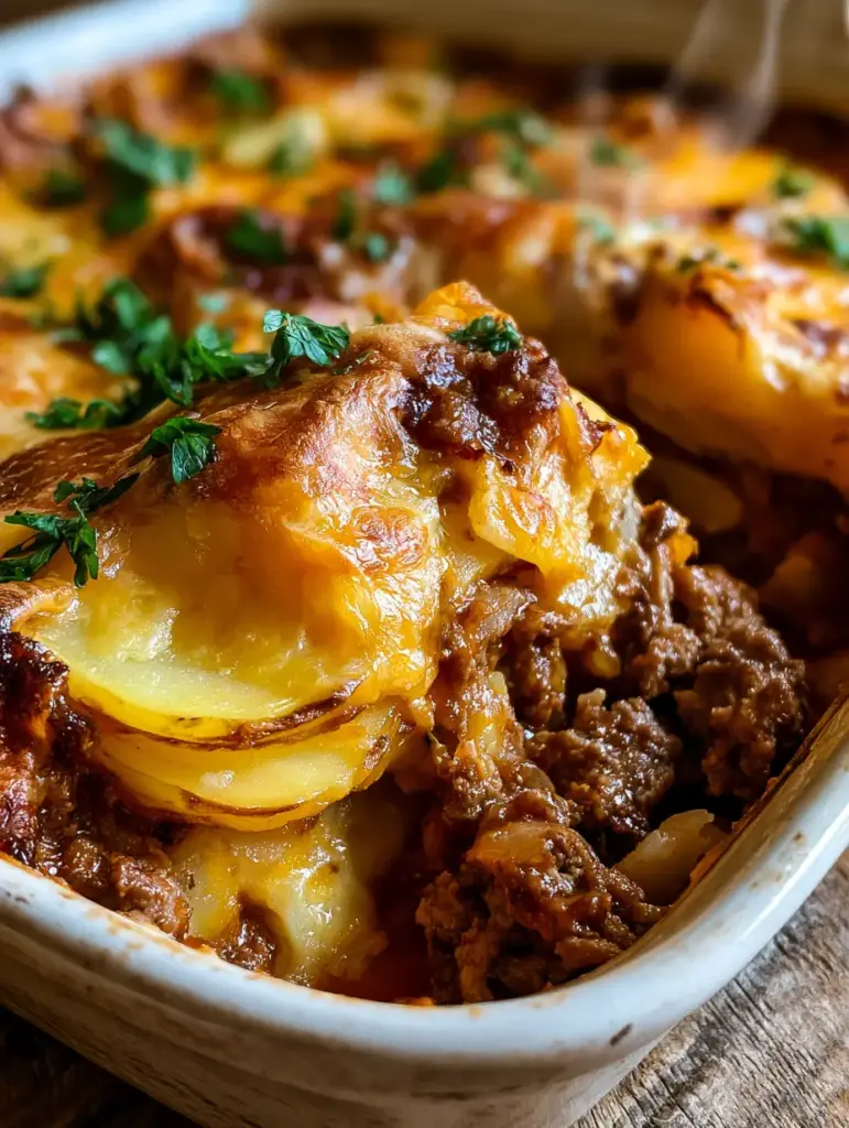 Overhead view of melted cheddar cheese and crispy potato edges in a beef potato bake.
