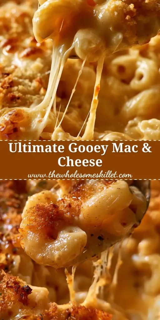 A dramatic close-up of a spoonful of mac and cheese casserole showing a long, stringy cheese pull from a ceramic dish with a crispy panko topping.