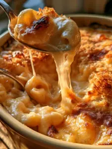 High-angle view of a golden-brown mac and cheese casserole in a ceramic dish with bubbling cheese and charred breadcrumb edges.
