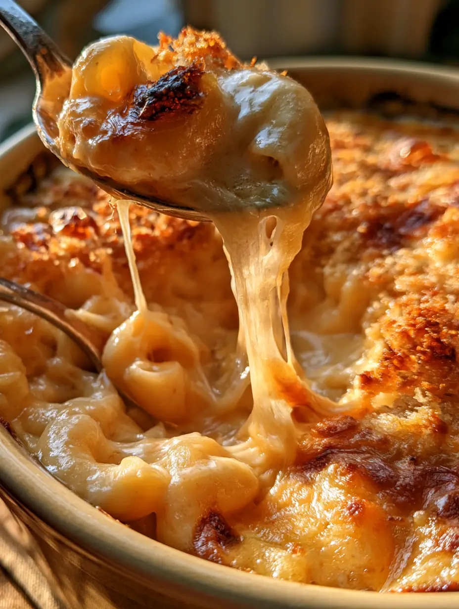 High-angle view of a golden-brown mac and cheese casserole in a ceramic dish with bubbling cheese and charred breadcrumb edges.