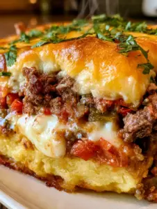 Close-up of golden bubbling cheddar cheese and fresh cilantro on a tex mex beef casserole.