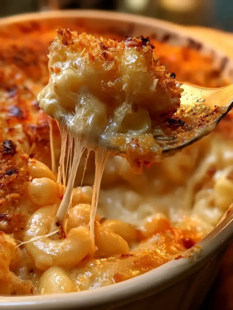 Extreme close-up of elbow macaroni glistening with a thick, molten cheese sauce under a crispy topping.