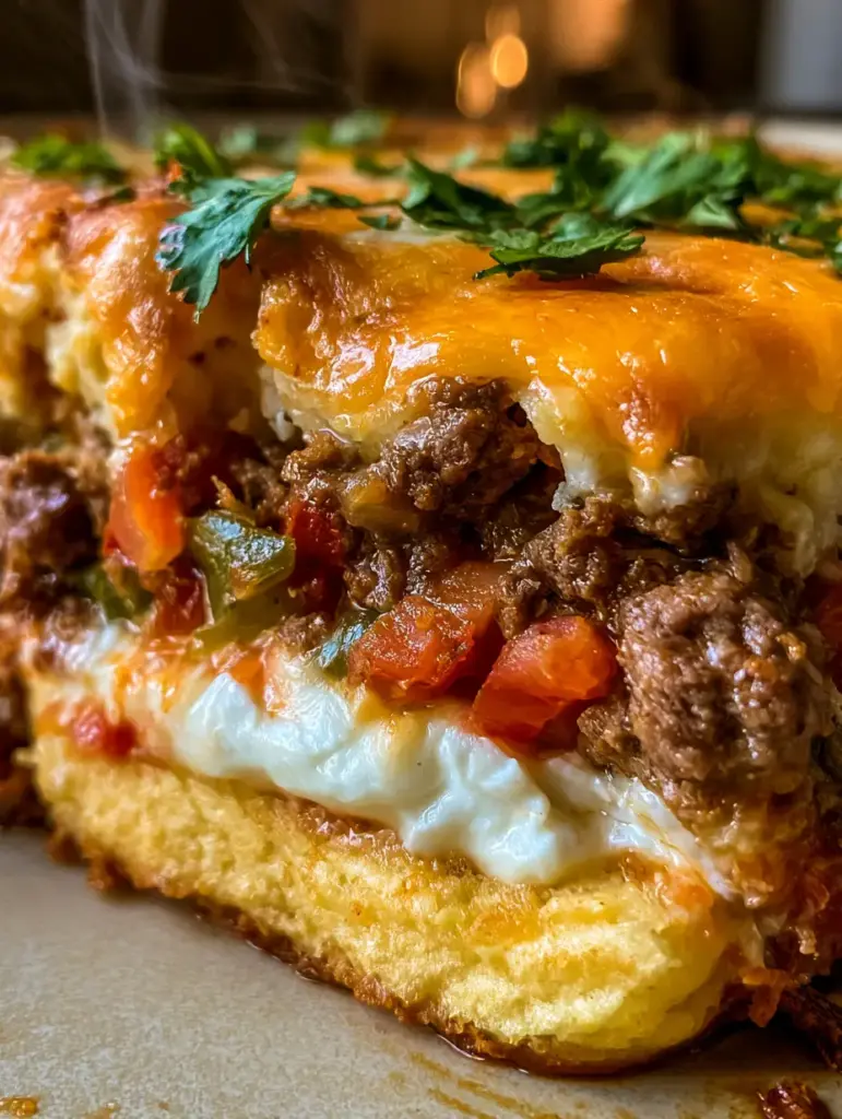 Tex Mex Beef Casserole with Fluffy Biscuit Base and Creamy Layers 1 Extreme close-up of the fluffy biscuit base and seasoned beef layers of a tex mex beef casserole.