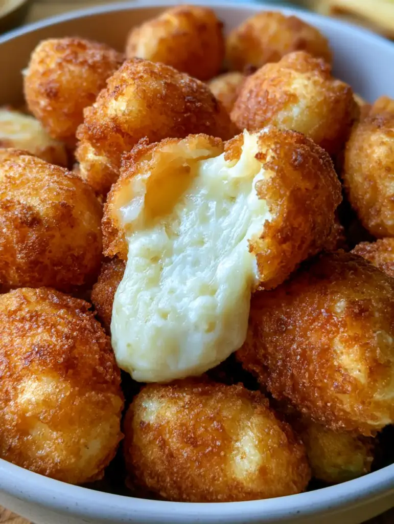 Fried Cheese Curds: The Ultimate Crispy Wisconsin Style Recipe 1 A split fried cheese curd revealing a stretchy molten white cheddar center with golden brown batter.