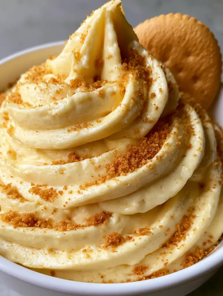 Banana Pudding Buttercream: The Silkiest Magnolia-Inspired Frosting 1 Close-up of pale yellow banana pudding buttercream decorated with a whole vanilla wafer.