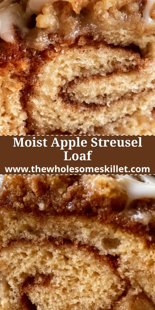 A tall slice of apple crumble loaf showing cinnamon spirals and caramelized apple pieces with glistening icing.