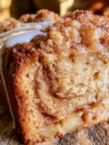 Close-up perspective of apple crumble loaf with golden streusel and white icing drizzle.