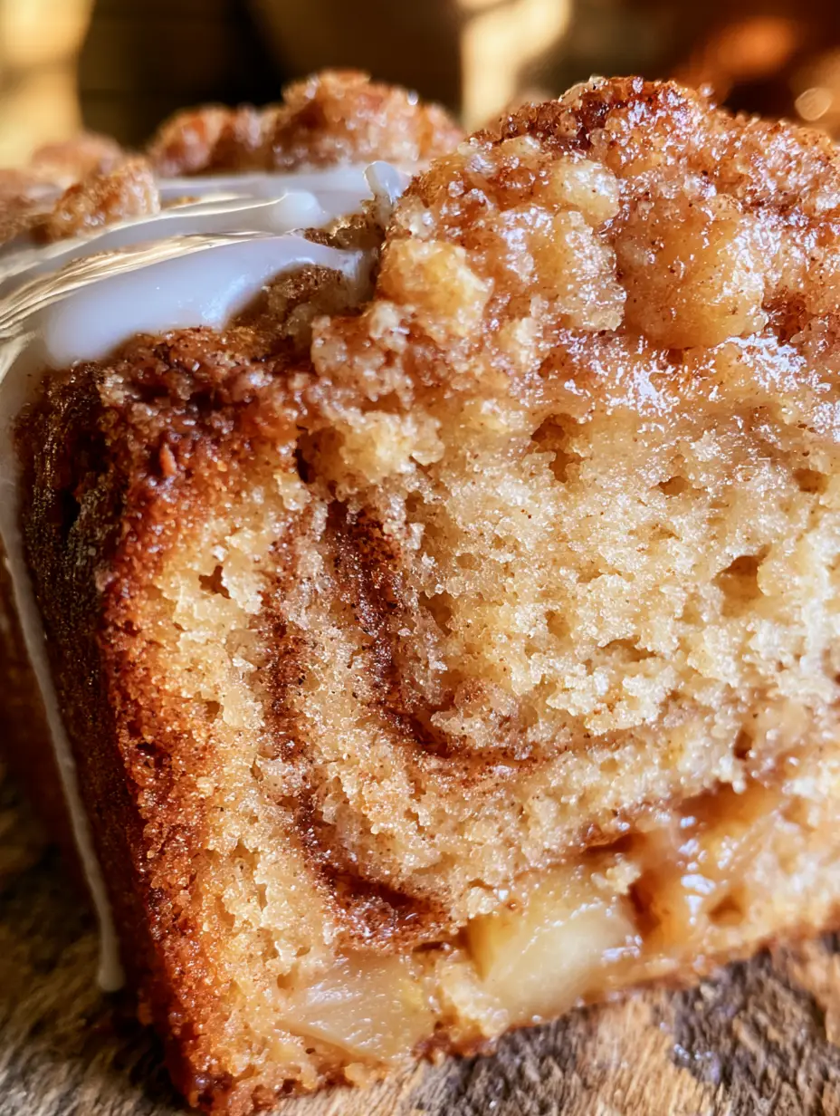 Close-up perspective of apple crumble loaf with golden streusel and white icing drizzle.