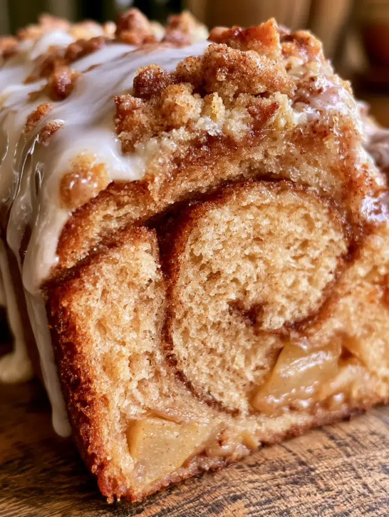Side view of an apple crumble loaf slice showing distinct layers and a browned crust.
