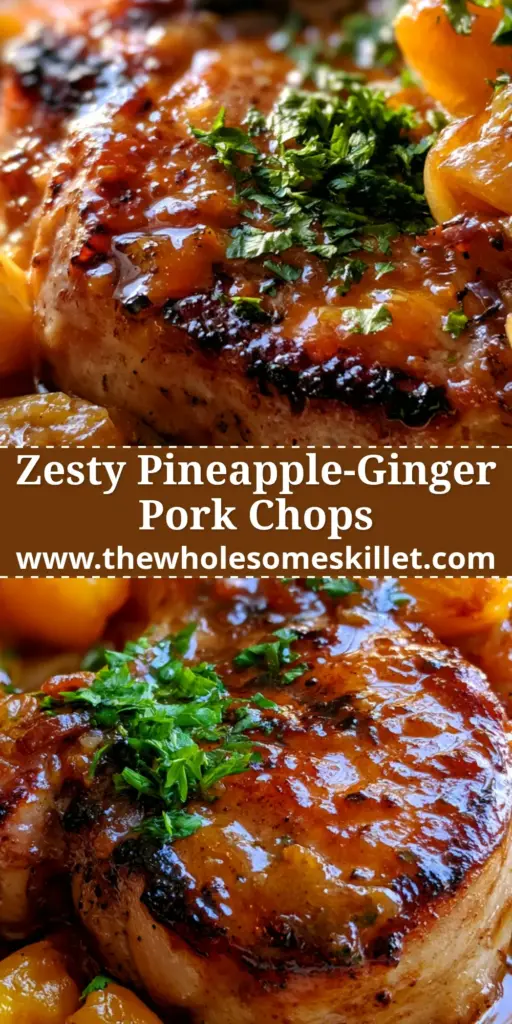 Pineapple Ginger Pork Chops with a Glistening Tropical Glaze 4 A close-up of pineapple ginger pork chops with a thick glossy glaze and charred pineapple chunks.