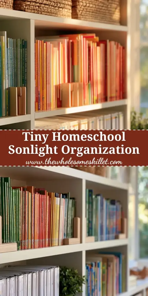 A minimalist white bookshelf organized with a colorful Sonlight curriculum, woven baskets, and a small plant. (sonlight curriculum)