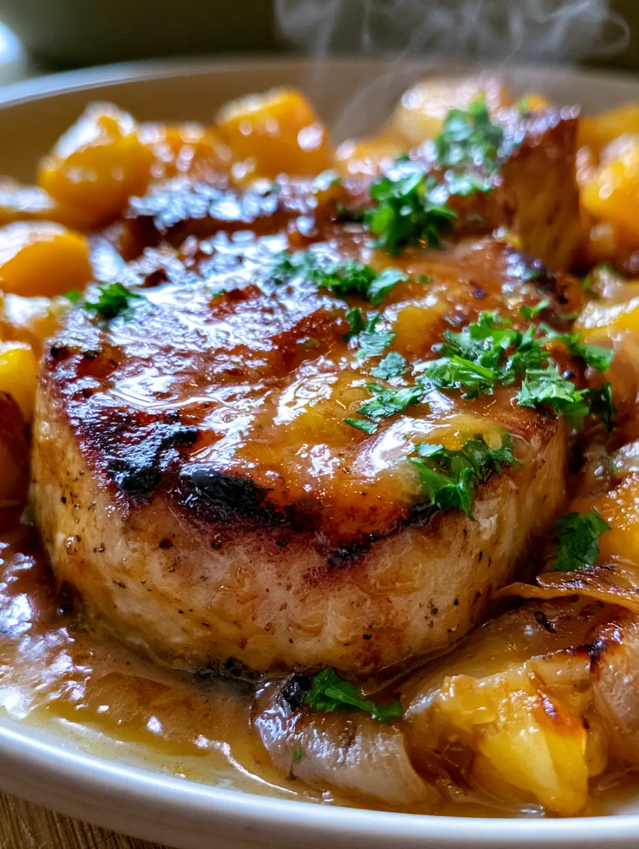 Pineapple Ginger Pork Chops with a Glistening Tropical Glaze 3 Extreme close-up of a seared thick-cut pork chop with a sticky golden-brown pineapple ginger glaze and steam.