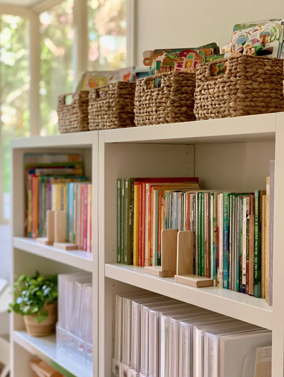 Top view of a Sonlight curriculum bookshelf featuring natural woven baskets and core books. (sonlight curriculum)