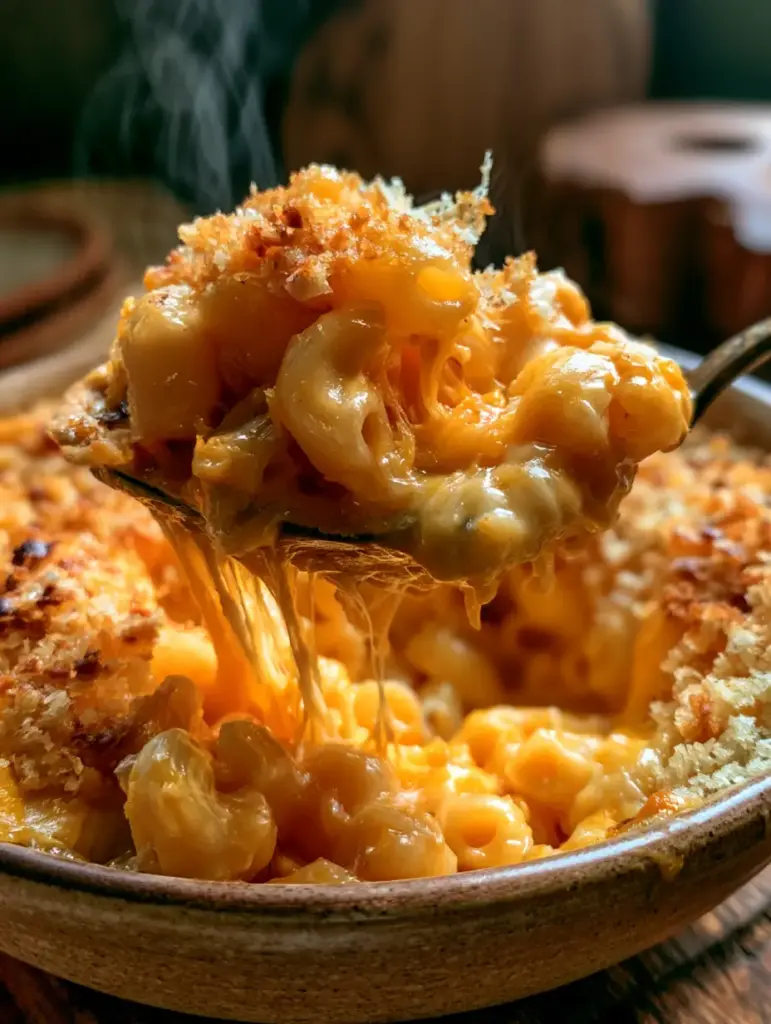 Mac and Cheese: The Ultimate Decadent Baked Macaroni and Cheese Extravaganza 2 Extreme close-up of a spoon lifting ultra-creamy mac and cheese with long strands of melted cheddar and gruyere.