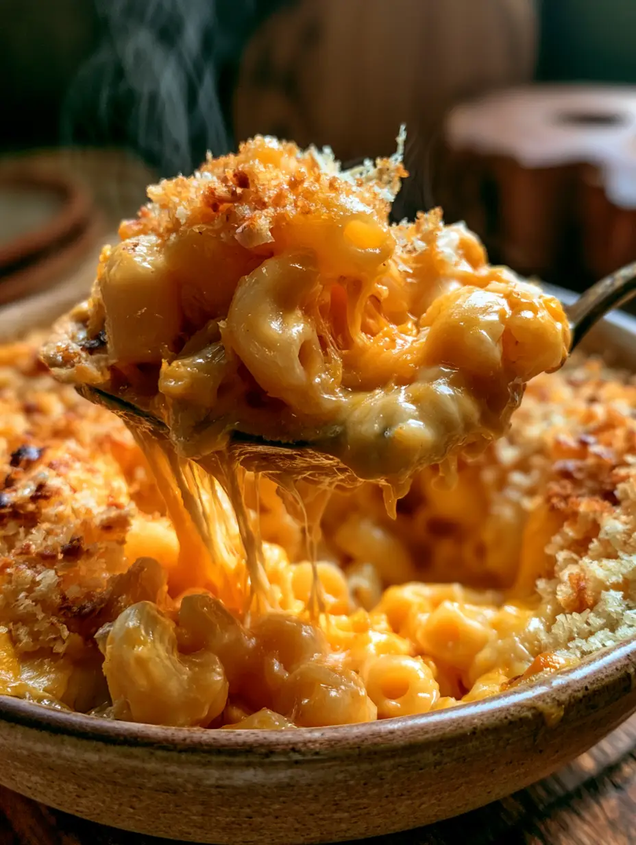 Mac and Cheese: The Ultimate Decadent Baked Macaroni and Cheese Extravaganza 3 Extreme close-up of a spoon lifting ultra-creamy mac and cheese with long strands of melted cheddar and gruyere.
