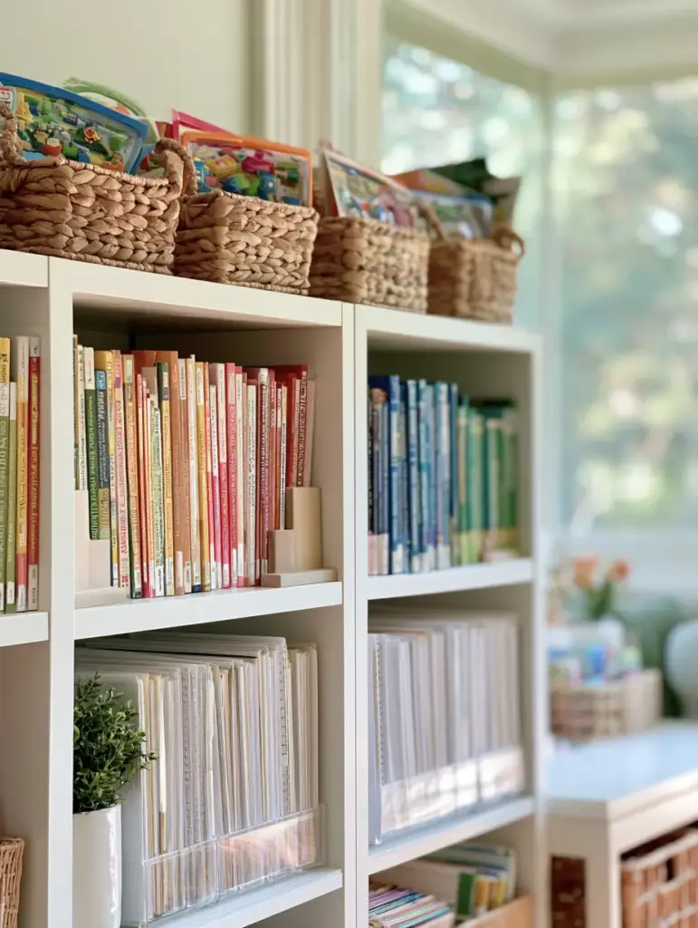 A close up of Sonlight core books held by wooden bookends on a white shelf.