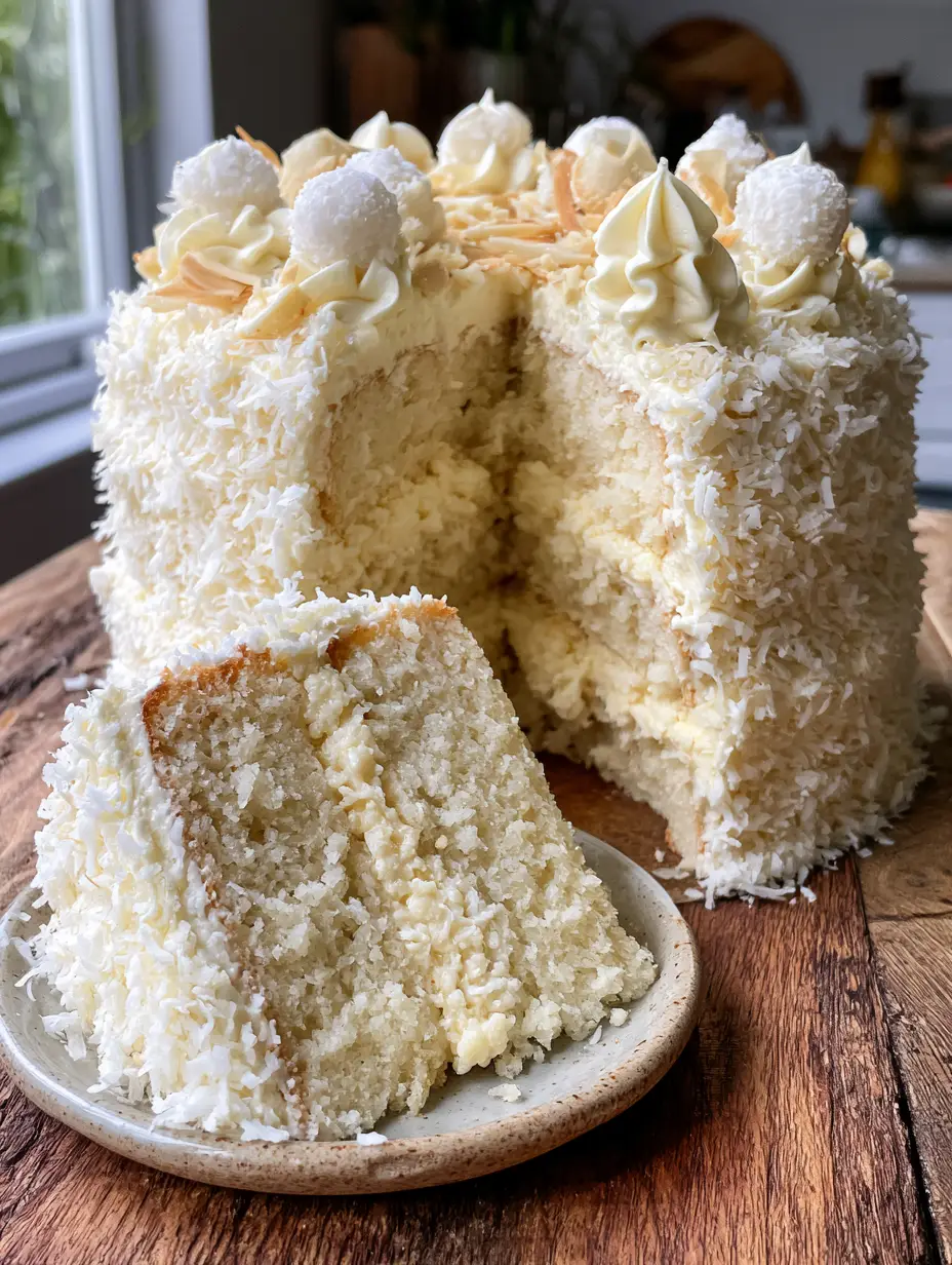 Cross-section of a white chocolate coconut cake showing moist almond sponge and thick coconut cream filling. (white chocolate coconut cake)
