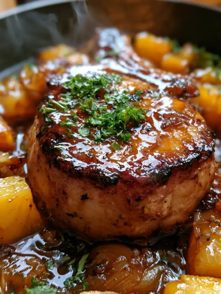 Pineapple Ginger Pork Chops with a Glistening Tropical Glaze 1 Juicy pork chop surrounded by caramelized onions and vibrant pineapple chunks with fresh cilantro.