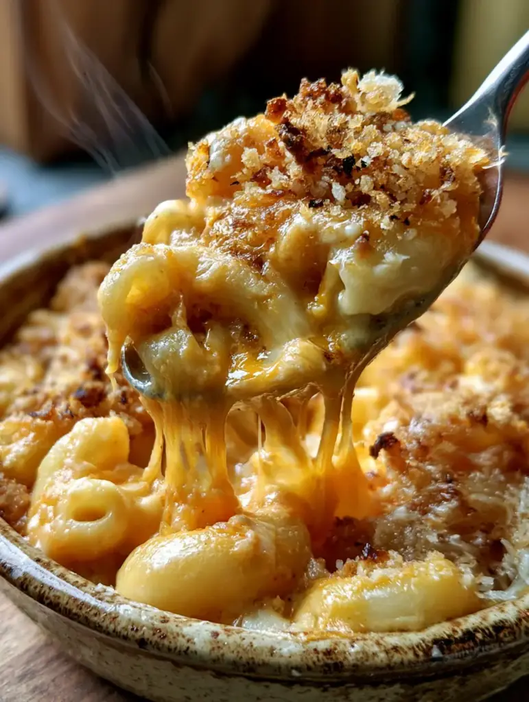 Mac and Cheese: The Ultimate Decadent Baked Macaroni and Cheese Extravaganza 1 Close-up of golden-brown Panko breadcrumb topping on baked mac and cheese with glistening elbow macaroni.