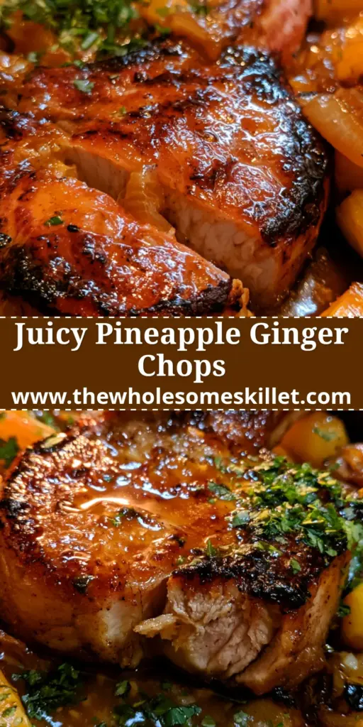 Pineapple Ginger Pork Chops with a Glossy Glaze 3 A top-down view of pineapple ginger pork chops in a cast iron skillet with caramelized onions and fresh cilantro garnish.