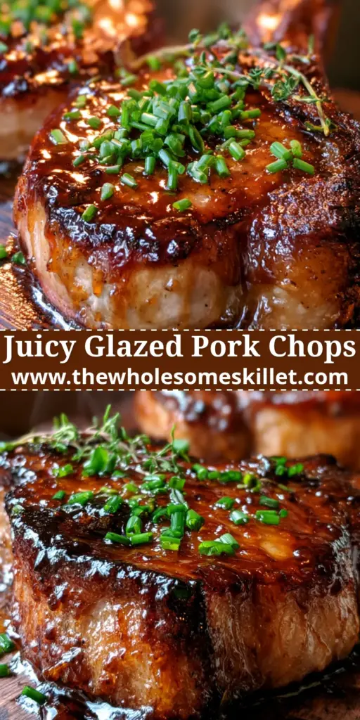 Brown Sugar Pork Chops: The Ultimate Glazed and Seared Thick-Cut Recipe 4 A top-down view of two perfectly seared brown sugar pork chops on a dark wooden board, coated in glossy glaze and sprinkled with fresh chives.