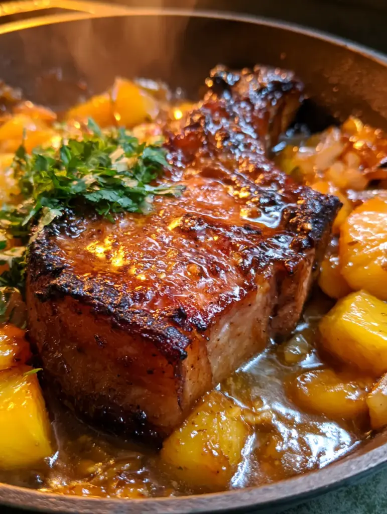 Pineapple Ginger Pork Chops with a Glossy Glaze 2 A close-up shot of a perfectly seared thick-cut pork chop with a glossy pineapple-ginger glaze and golden pineapple chunks.