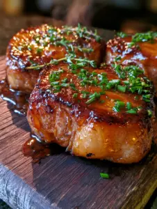 Close-up of sizzling brown sugar pork chops with steam rising and visible thyme sprigs on a rustic board.