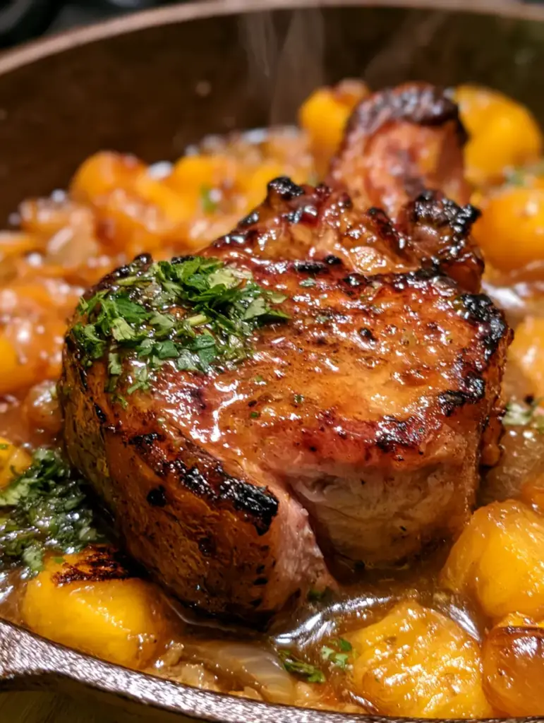Pineapple Ginger Pork Chops with a Glossy Glaze 1 Slightly steam rising from a cast iron skillet filled with pineapple ginger pork chops, caramelized onions, and cilantro.