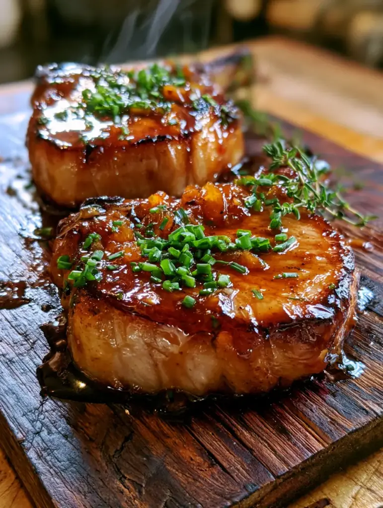 Brown Sugar Pork Chops: The Ultimate Glazed and Seared Thick-Cut Recipe 1 Detailed view of the crispy seared edges and succulent interior of glazed brown sugar pork chops.