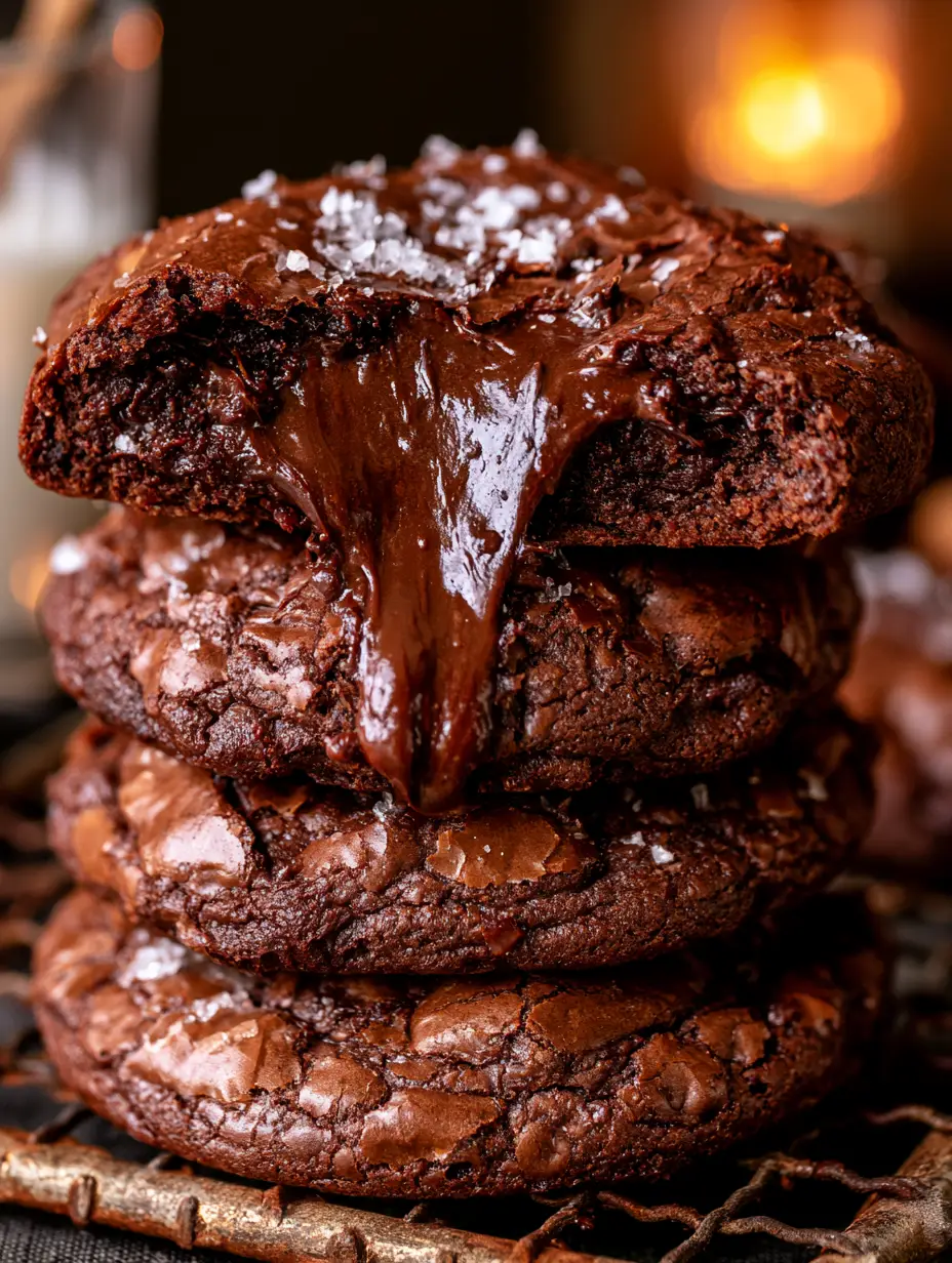 Extreme close-up of a chocolate cookie being pulled apart to reveal a gooey, molten chocolate interior. (chocolate cookies)