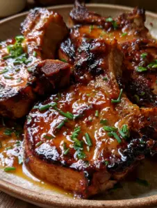 Top-down view of perfectly seared bone-in brown sugar pork chops glistening with a rich deep amber glaze and fresh herbs.