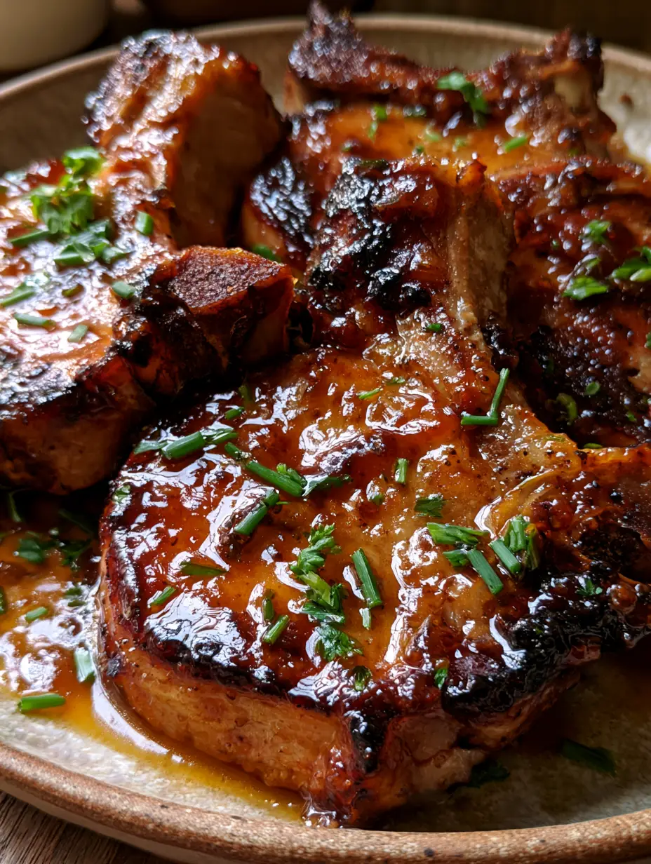 Brown Sugar Pork Chops: The Ultimate Glazed Bone-In Recipe 4 Top-down view of perfectly seared bone-in brown sugar pork chops glistening with a rich deep amber glaze and fresh herbs.